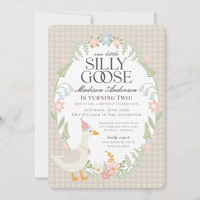 Beige Fånig Goose Blommigt Gingham Födelsedagsfest Inbjudningar (Framsida)