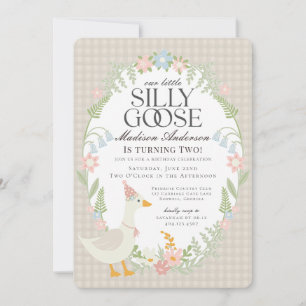 Beige Fånig Goose Blommigt Gingham Födelsedagsfest Inbjudningar