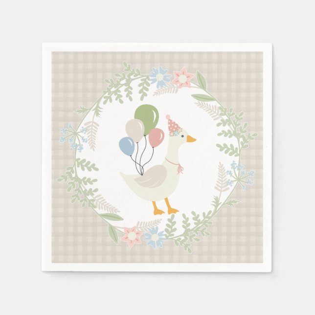 Beige Fånig Goose Blommigt Gingham Papper Pappersservett (Framsidan)