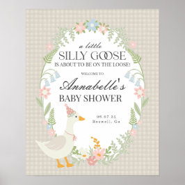 Beige Fånig Goose Gingham Baby Shower Välkomstskyl Poster