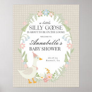 Beige Fånig Goose Gingham Baby Shower Välkomstskyl Poster