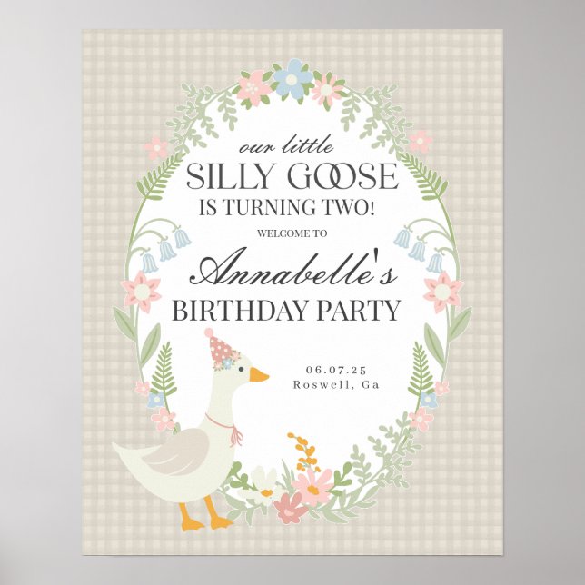 Beige Fånig Goose Gingham Birthday Välkomstskylt Poster (Framsidan)