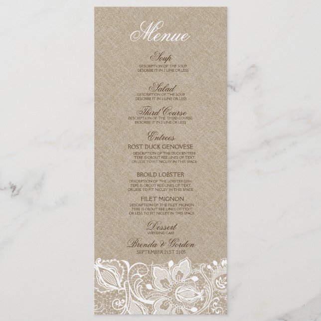 Beige Faux Linen Burlap & White Snöre Bröllop Menu Meny (Framsida)
