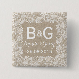 Beige Faux Linen & White Blommigt Snöre Ram 2 Knapp