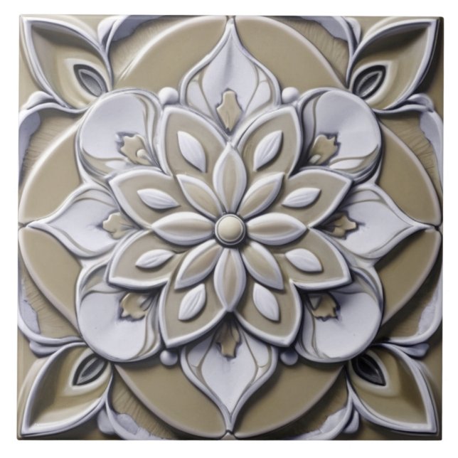 Beige Faux Relief Symmetrical Blommigt Flower Kakelplatta (Framsidan)