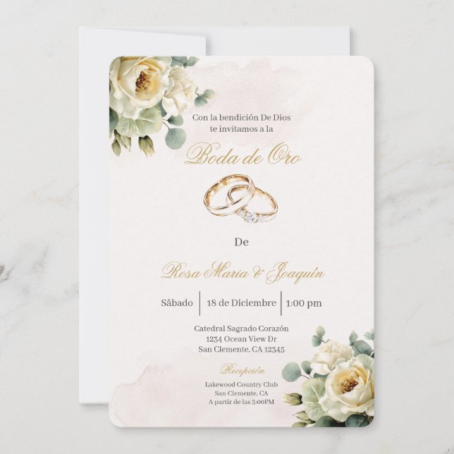 Beige flor vit Boda de oro redigerbar Inbjudningar (Framsida)