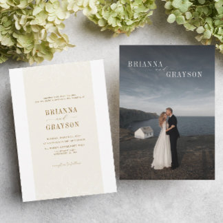 Beige Floral Elegant Minimalist Photo Back Wedding Inbjudningar