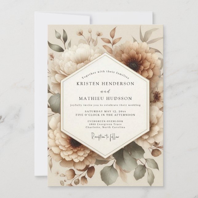 Beige Floral Romantic Wedding Inbjudningar (Framsida)
