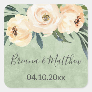 Beige Flowers Grönt Wedding Favors Fyrkantigt Klistermärke