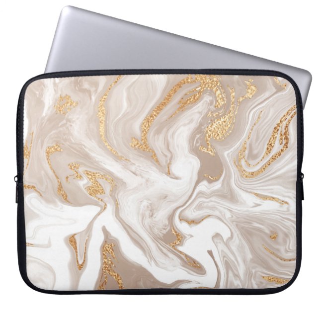 Beige flytande marmor med glitter guld laptop fodral (Framsidan)