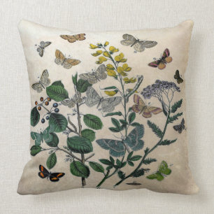 Beige för botaniska blom- fjärilar för vintage kudde