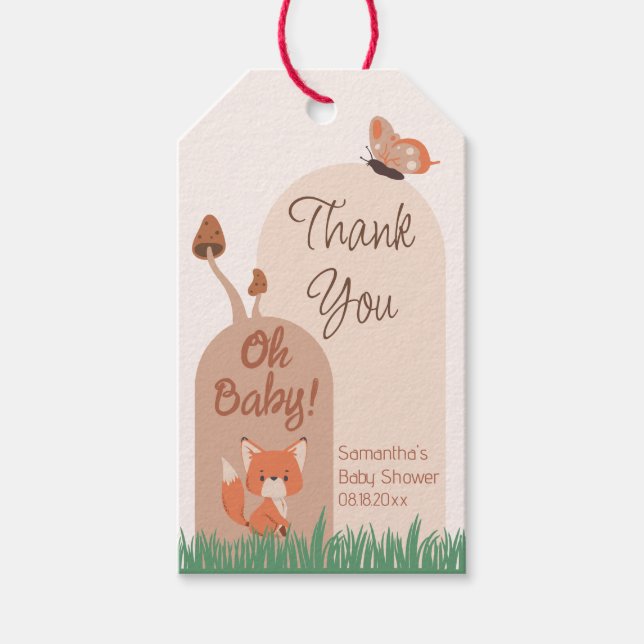 Beige Forest Thmet Fox Baby Shower Presentetikett (Framsidan)