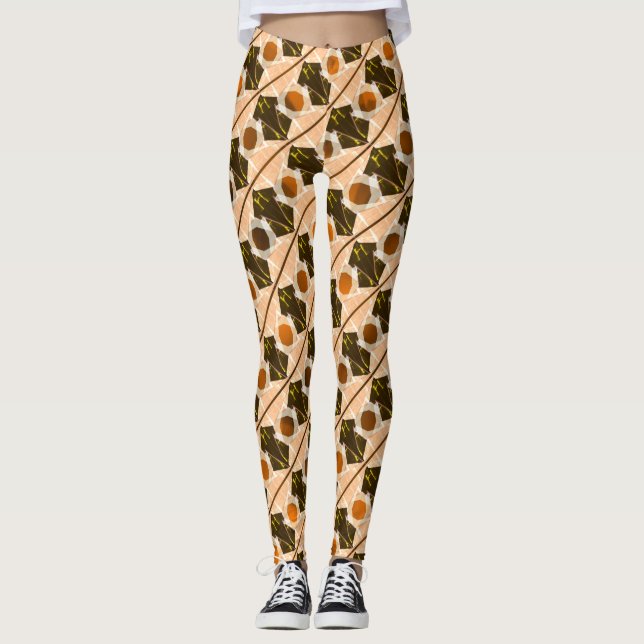 Beige form, rand, cirklar eller orange hexagon leggings (Framsida)