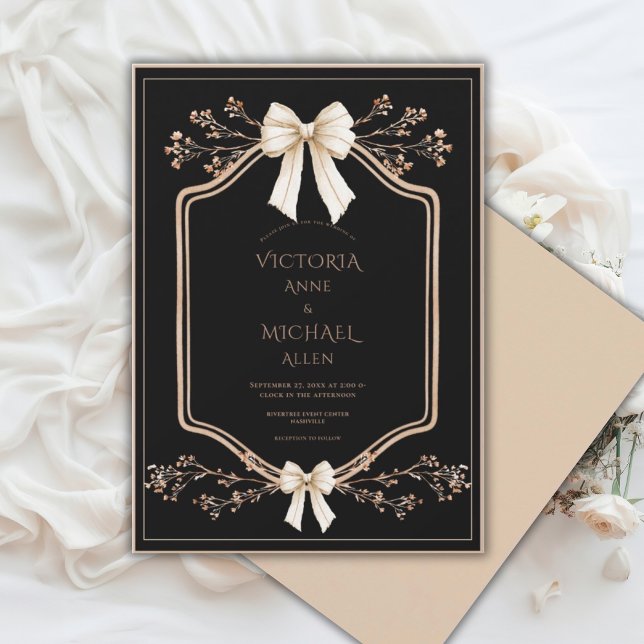 Beige Frame Floral Elegant Black Wedding  Inbjudningar (Skapare uppladdad)