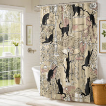 Beige Fransk Cat Paris Cafe Shower Curtain
