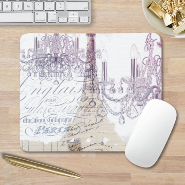 Beige fransk scripts chandelier paris eiffel torn musmatta (beige french scripts chandelier paris eiffel tower mouse pad)