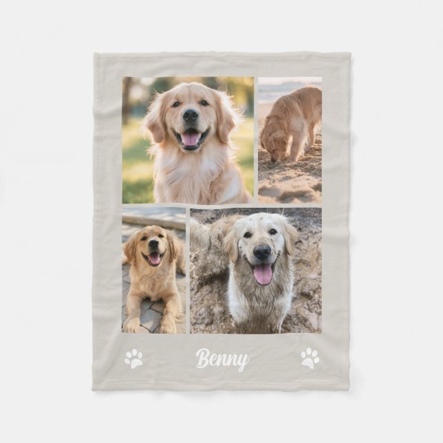 Beige Fyrfotografihund Collage Minnessak  Fleecefilt (Framsidan)