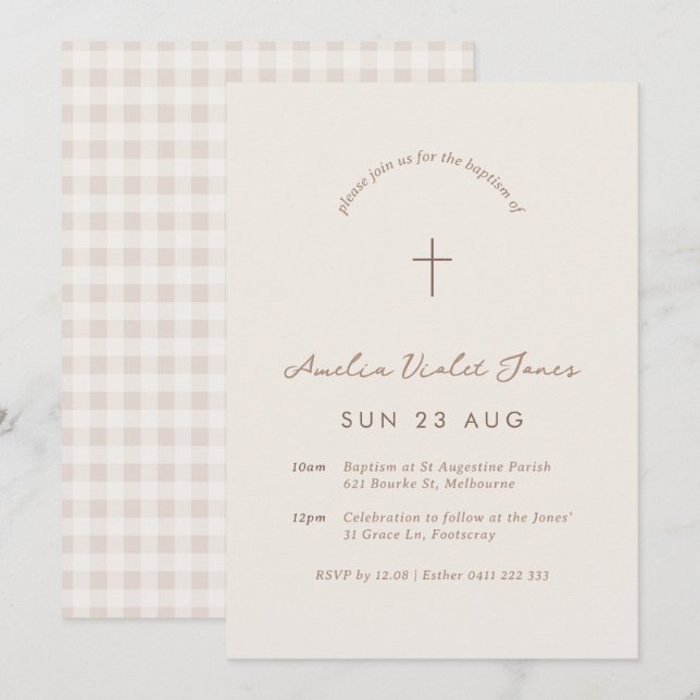 Beige Gingham Baptism Christening Kor bjudande Inbjudningar (Fram/baksida)