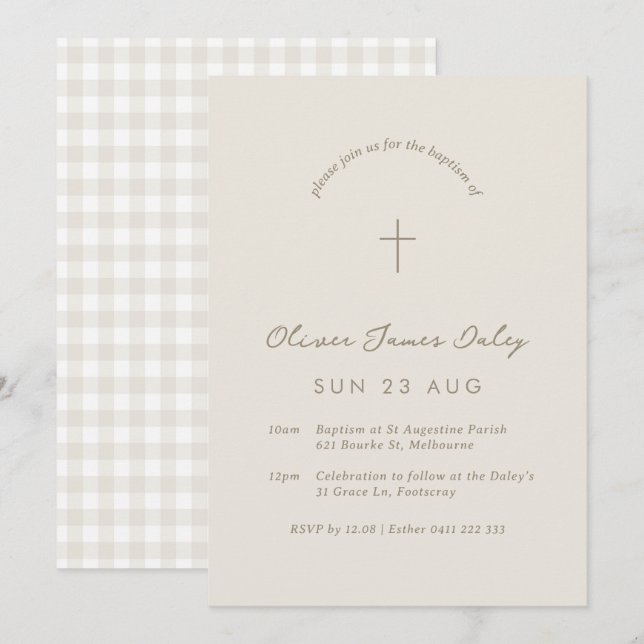Beige Gingham Baptism Christening Kor bjudande Inbjudningar (Fram/baksida)