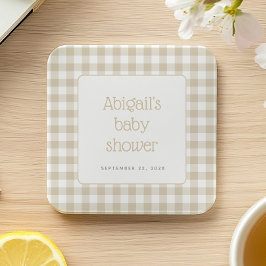 Beige Gingham Check Rustic Baby Shower Underlägg Papper Kvadrat