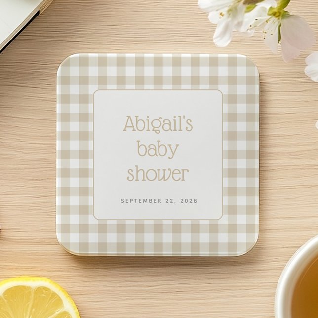 Beige Gingham Check Rustic Baby Shower Underlägg Papper Kvadrat (Skapare uppladdad)