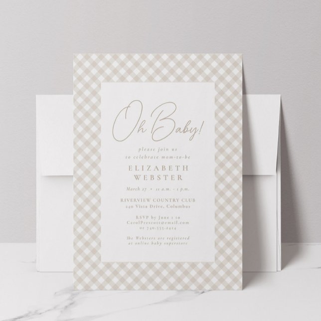 Beige gingham cute neutral Oh Baby baby shower Inbjudningar (Skapare uppladdad)