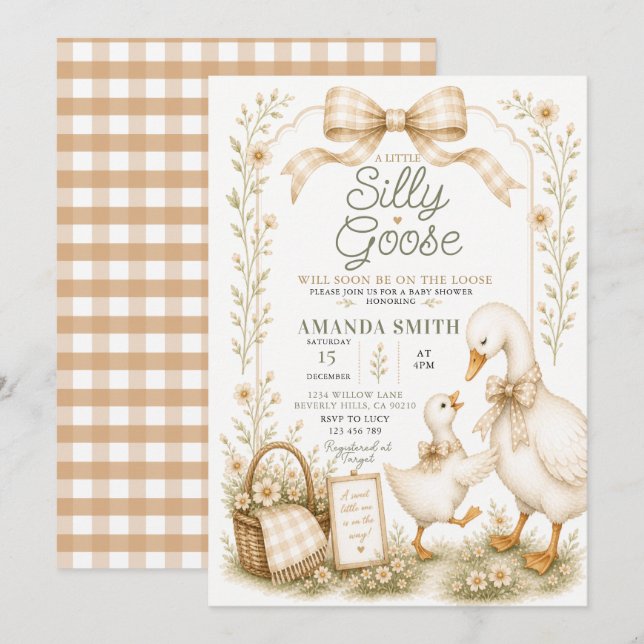 Beige Gingham Dumgoosen är lös Inbjudningar (Fram/baksida)