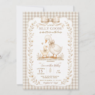 Beige Gingham Dumma Gås Bebis Baddare Liten Gås Inbjudningar