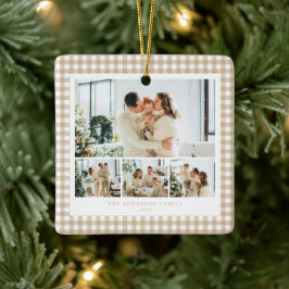 Beige Gingham Familjefoto Collage Julgransprydnad Keramik