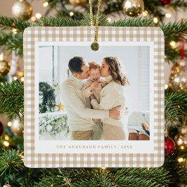 Beige Gingham Family Photo Julgransprydnad Keramik