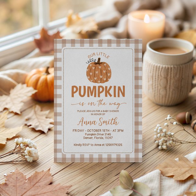 Beige Gingham Hjärtpumpa Baby Shower Inbjudan (Skapare uppladdad)