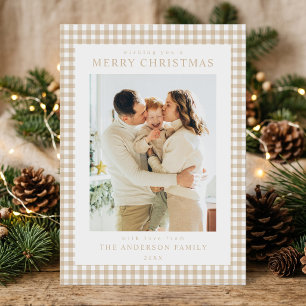 Beige Gingham Jul Foto Julkort