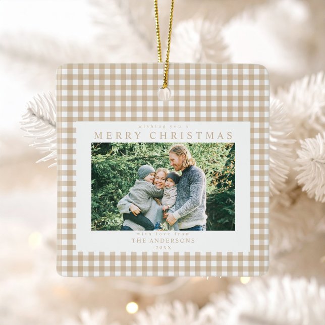 Beige Gingham julfoto Julgransprydnad Keramik (Skapare uppladdad)