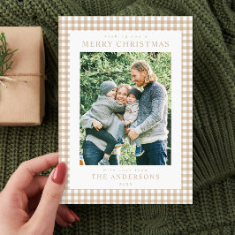Beige Gingham julfoto Julkort
