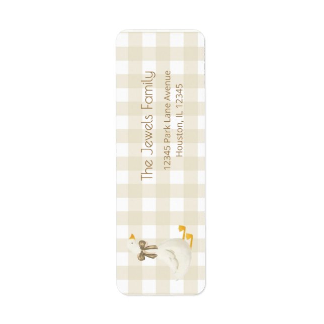 Beige Gingham Liten Gås Returadress Etikett (Framsidan)