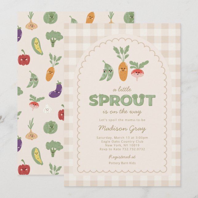 Beige Gingham Little Sprout på Way Baby Shower Inbjudningar (Fram/baksida)