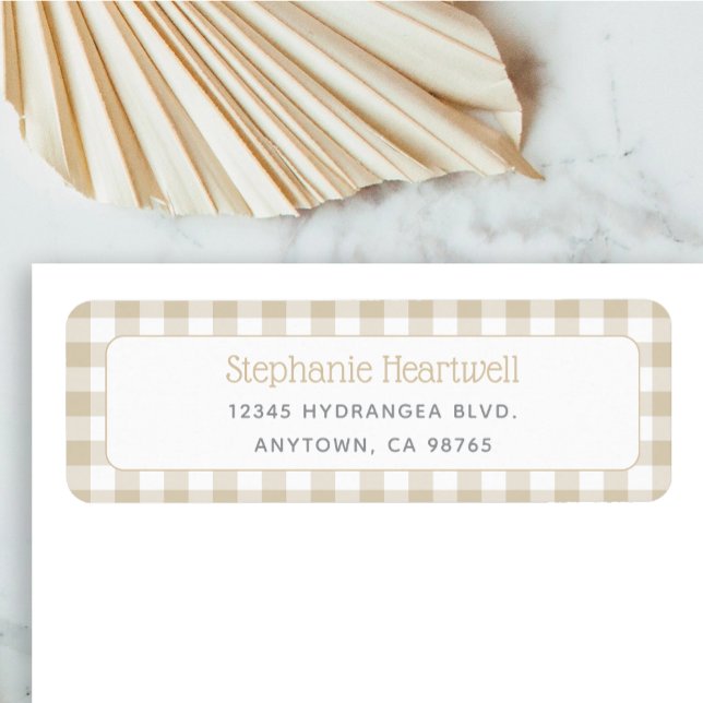 Beige Gingham Neutral Baby Shower Returadress Etikett (Skapare uppladdad)