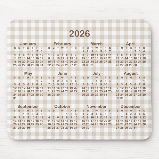 Beige Gingham Plaid Brown 2026 Calendar Musmatta (Framsidan)