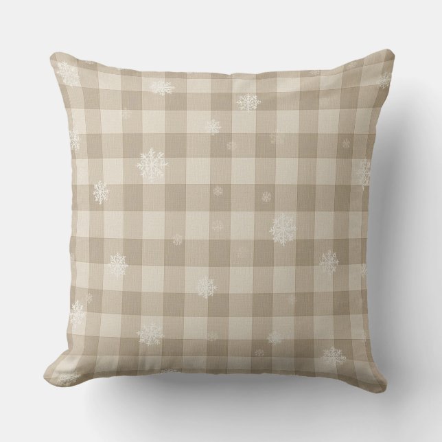Beige Gingham Plaid Snowflake Throw Pillow – Warm Kudde (Framsida)