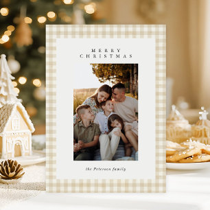Beige Gingham Play Photo God jul Helgdag Julkort