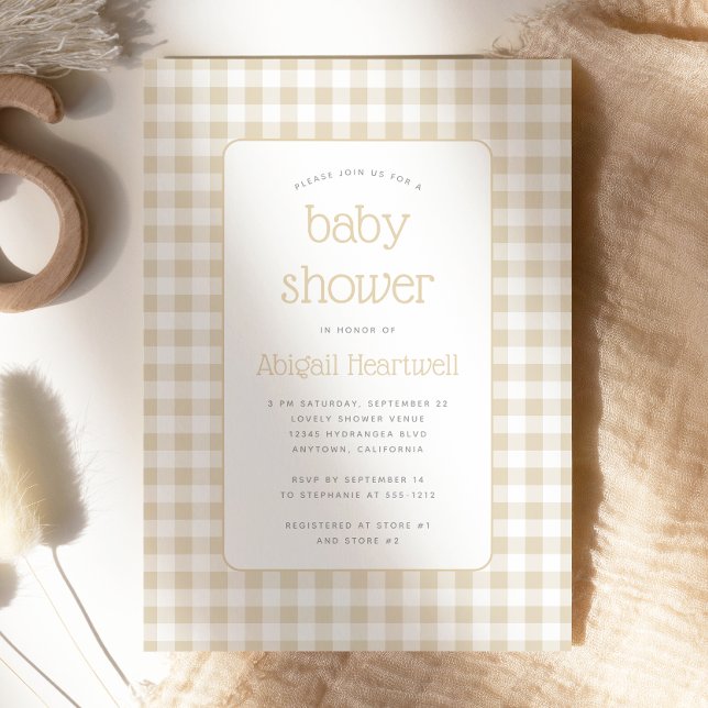 Beige Gingham Rutig Bebis Shower Inbjudan (Skapare uppladdad)