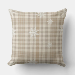 Beige Gingham Snöflinga Kastkudde – Mysig Neutral Kudde