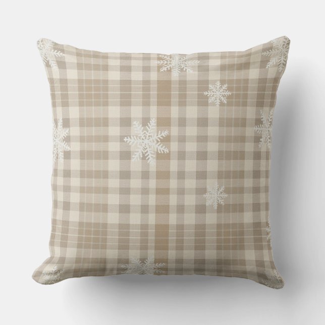 Beige Gingham Snowflake Throw Pillow –Cozy Neutral Kudde (Framsida)