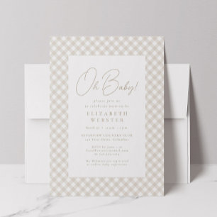 Beige gingham söt neutral Oh Baby baby shower Inbjudningar