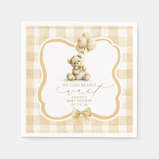 Beige Gingham Teddybjörn Neutralt Bebisbad Pappersservett (Framsidan)