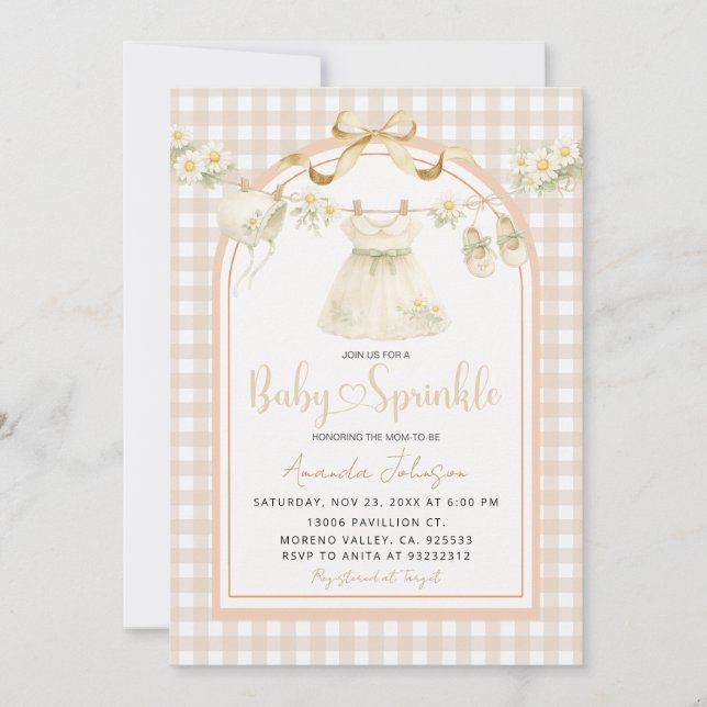 Beige Gingham Tusenskönor Klädtorr Baby Sprinkle  Inbjudningar (Framsida)