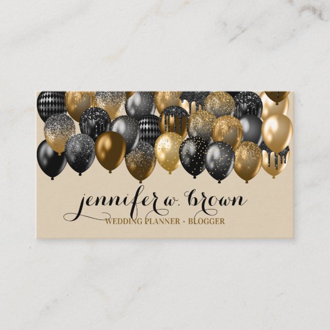 Beige & Gold Sprinkle Party Balloon Design Visitkort (Framsida)