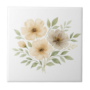 Beige Grå Neutrala Färger Boho Akvarell Blommor Kakelplatta