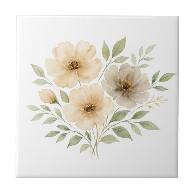 Beige Grå Neutrala Färger Boho Akvarell Blommor Kakelplatta (Framsidan)