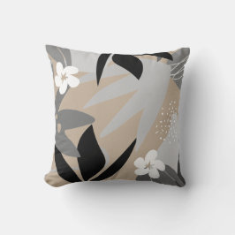 Beige Grå Svart & Vit Konstnärlig Abstrakt Blommig Kudde